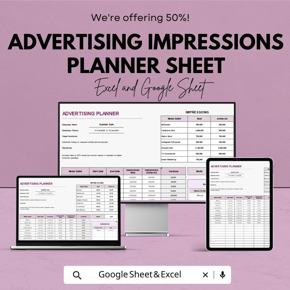 Advertising Impressions Planner Sheet | Advertising Budget Tracker | Google Sheet & Excel | Campaign Planning Tool | Marketing Planner