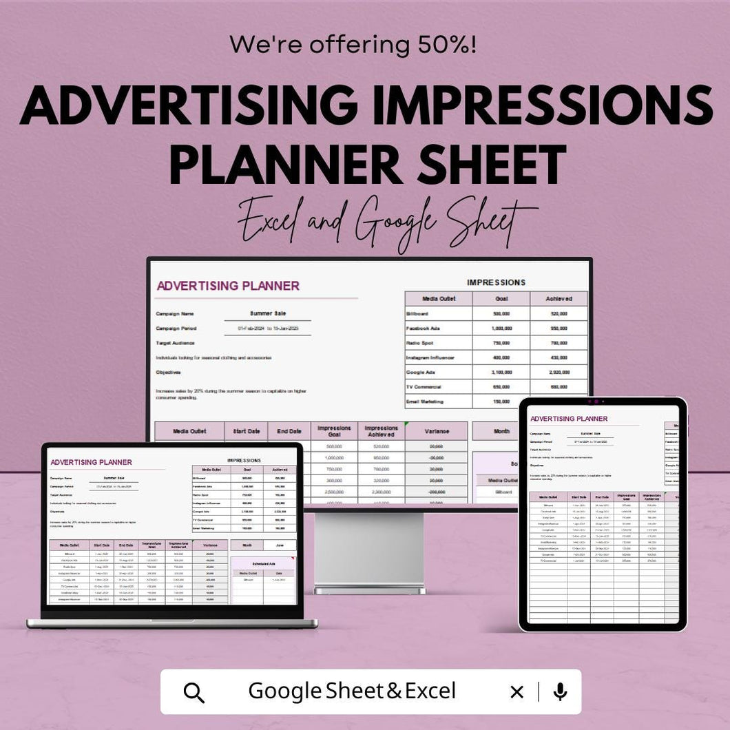 Advertising Impressions Planner Sheet | Advertising Budget Tracker | Google Sheet & Excel | Campaign Planning Tool | Marketing Planner