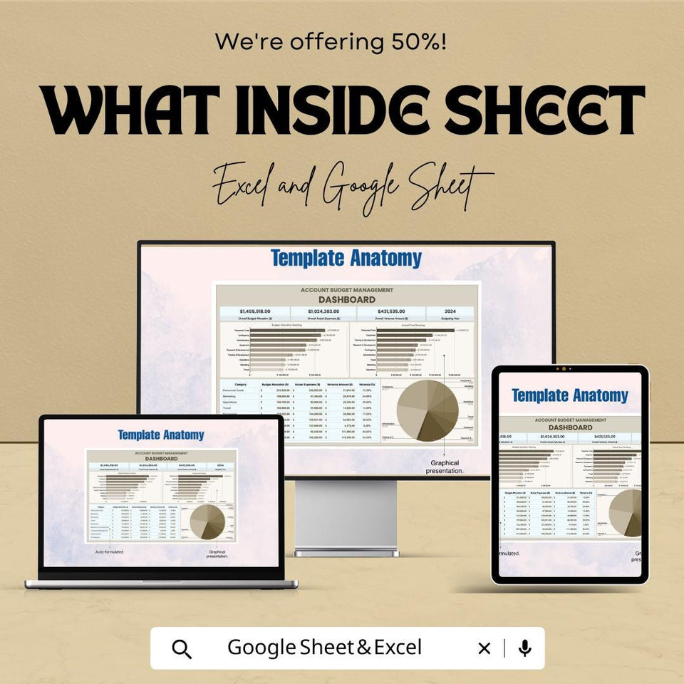 Account Budget Management Dashboard Template - Track Expenses & Income | Budget Planner and Financial Management Sheet | Customizable