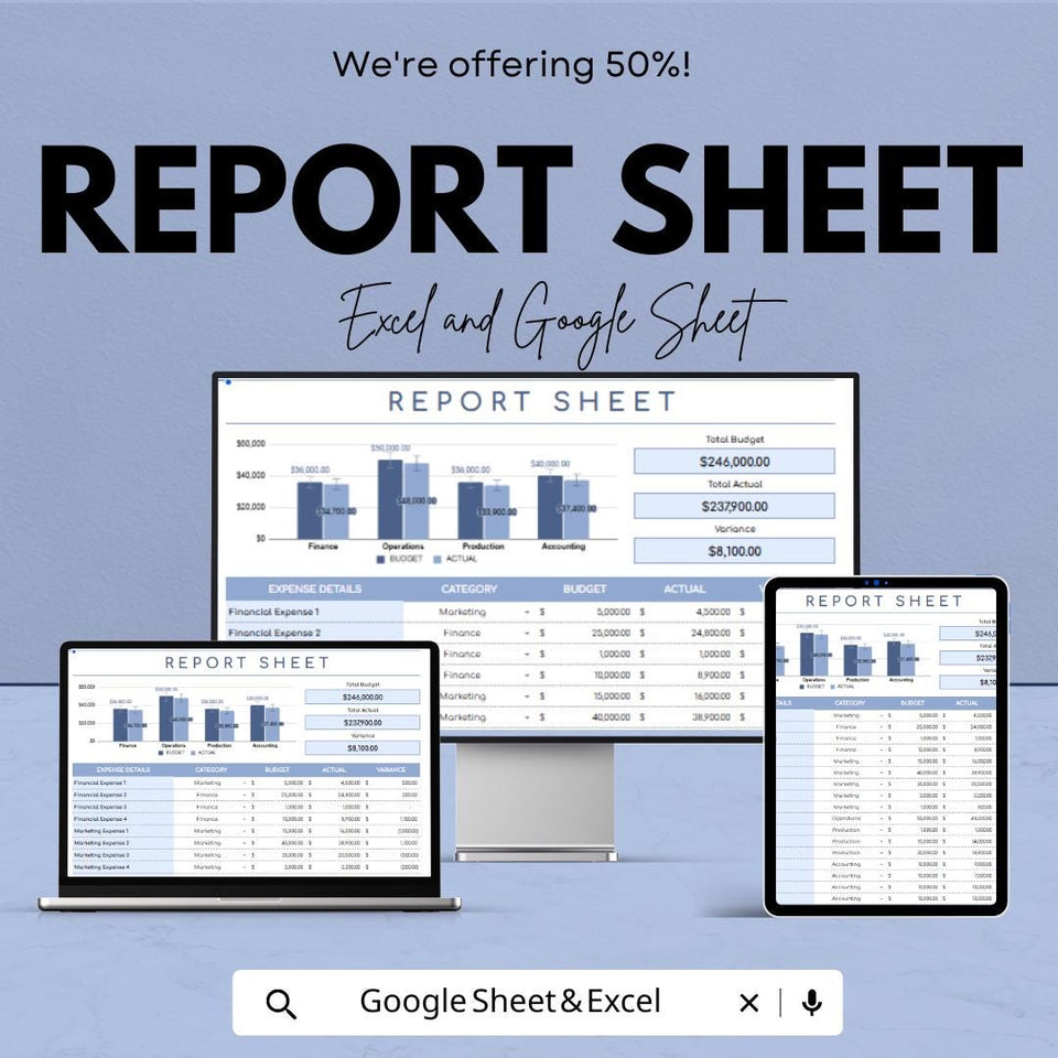 Report Sheet Template | Excel and Google Sheets | Budget Tracker & Financial Reporting | Track Expenses and Budgeting