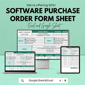 Software Purchase Order Form Sheet for Excel & Google Sheets | Efficient Order Management Template | Track Software Purchases with Ease