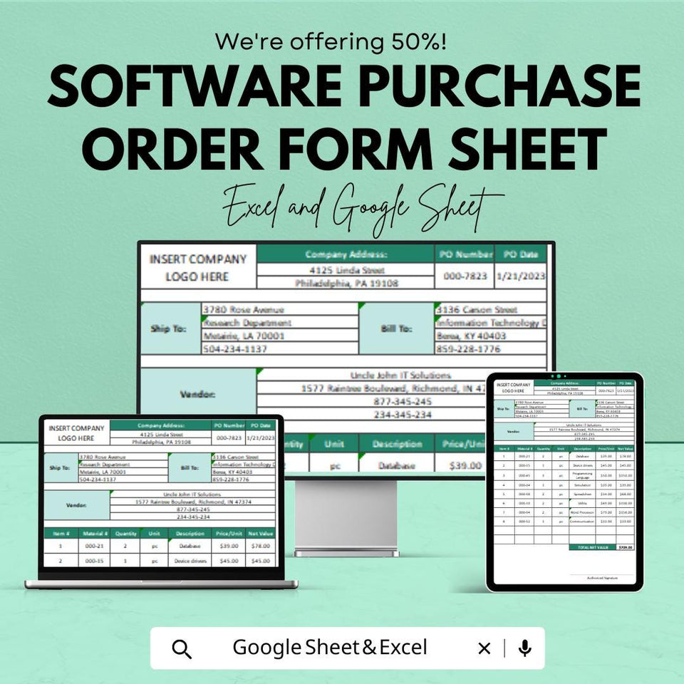 Software Purchase Order Form Sheet for Excel & Google Sheets | Efficient Order Management Template | Track Software Purchases with Ease
