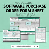 Software Purchase Order Form Sheet for Excel & Google Sheets | Efficient Order Management Template | Track Software Purchases with Ease