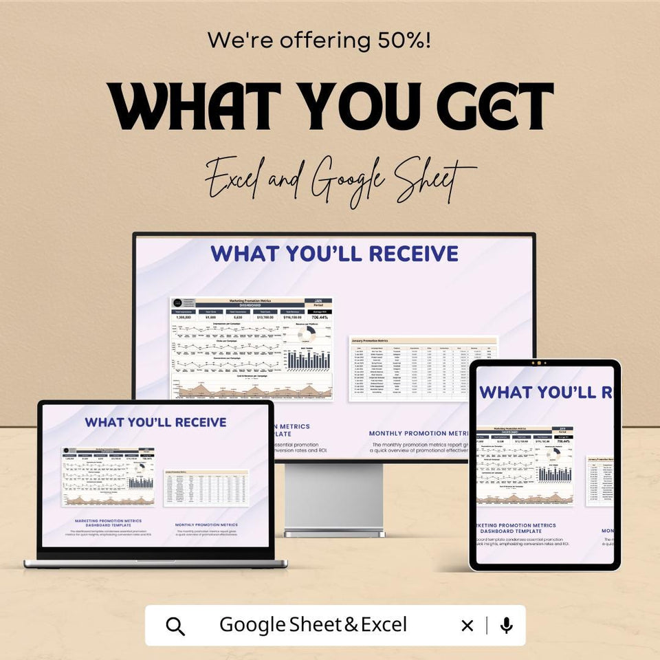 Marketing Promotion Metrics Dashboard Template – Excel and Google Sheet, Track ROI & Campaign Success, Marketing Metrics Analytics Tool