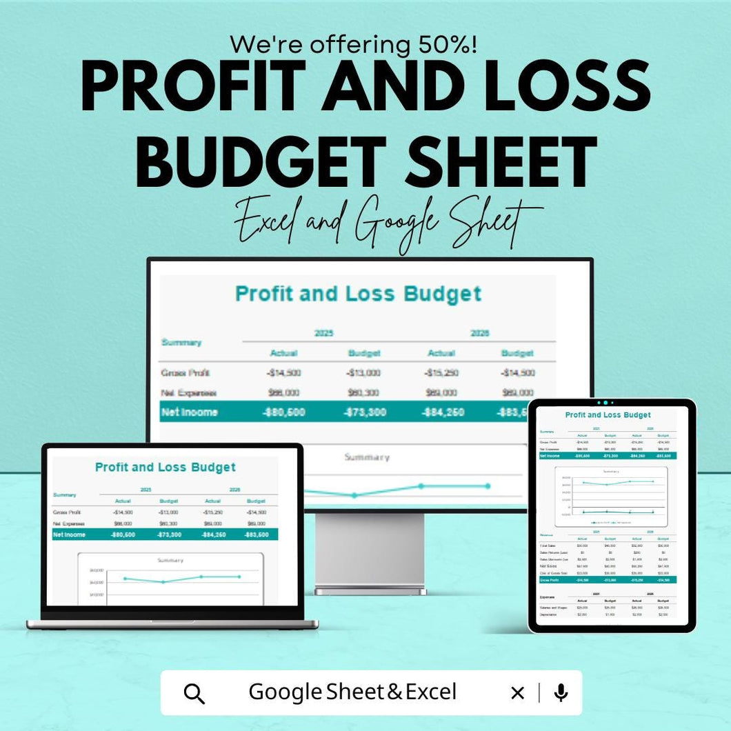 Profit and Loss Budget Sheet – Excel & Google Sheets | Automated Business Tracker | Digital Download