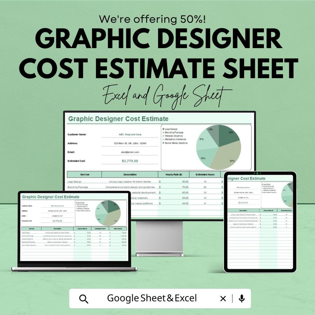 Graphic Designer Cost Estimate Sheet | Excel and Google Sheets | Freelance and Agency Template | Budgeting & Pricing Tool |