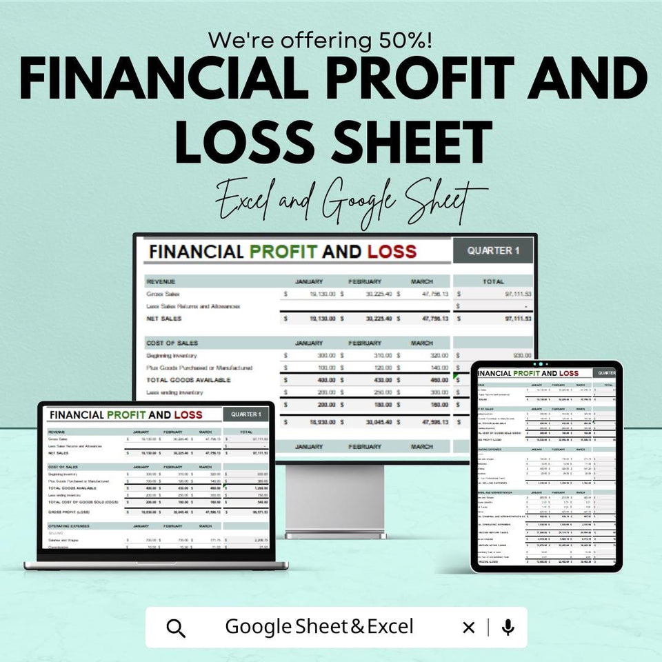 Financial Profit and Loss Sheet | Budget Management and Expense Tracker | Google Sheets | Instant Download for Small Business & Personal Use