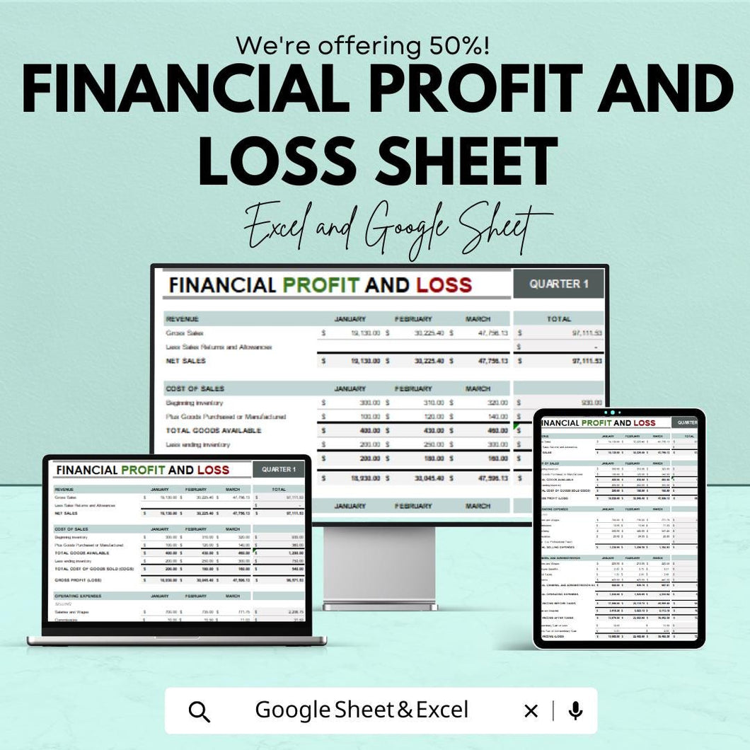 Financial Profit and Loss Sheet | Budget Management and Expense Tracker | Google Sheets | Instant Download for Small Business & Personal Use