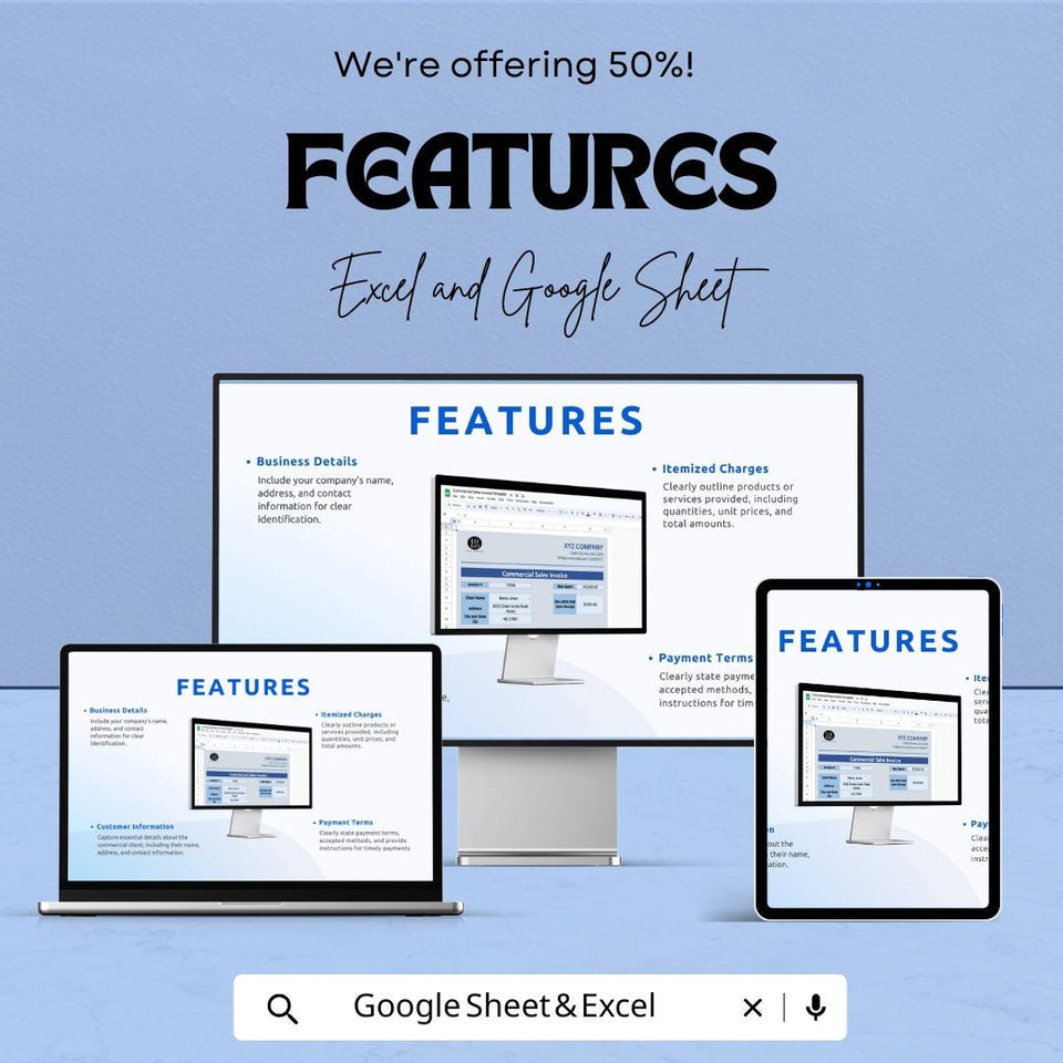 Commercial Sales Invoice Template - Excel & Google Sheet | Customizable Invoice Tracker for Businesses | Professional Invoice Sheet |