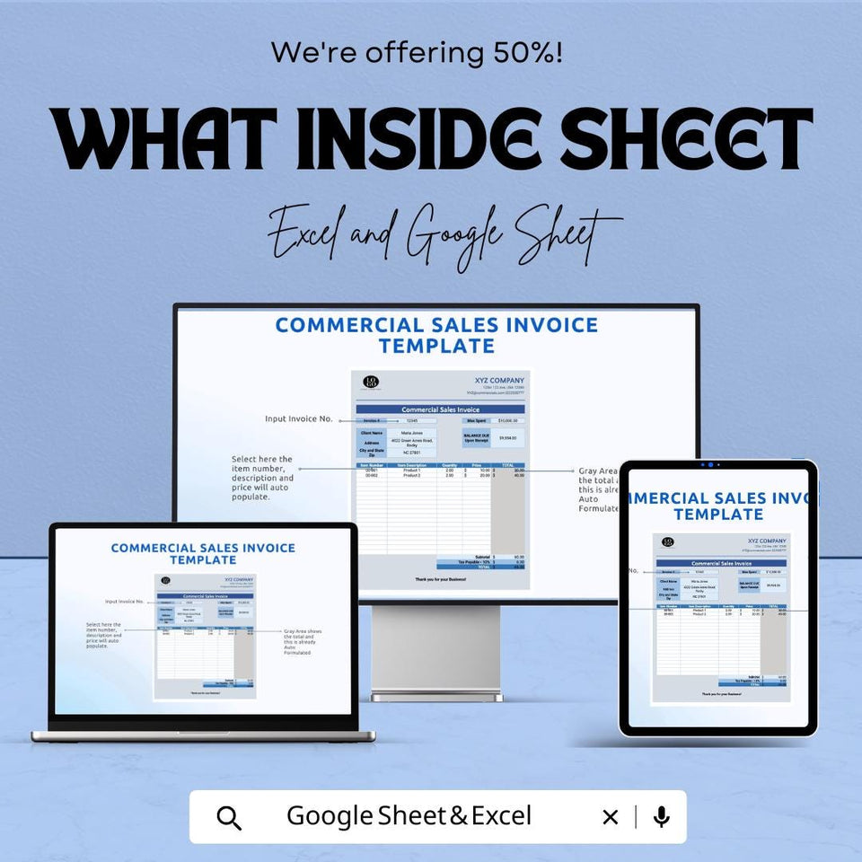 Commercial Sales Invoice Template - Excel & Google Sheet | Customizable Invoice Tracker for Businesses | Professional Invoice Sheet |