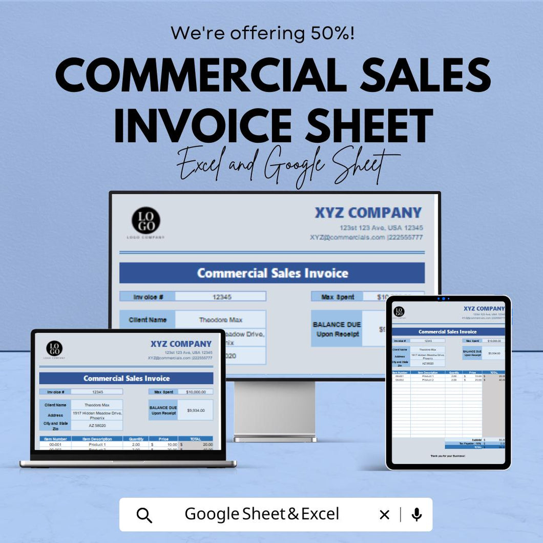 Commercial Sales Invoice Template - Excel & Google Sheet | Customizable Invoice Tracker for Businesses | Professional Invoice Sheet |