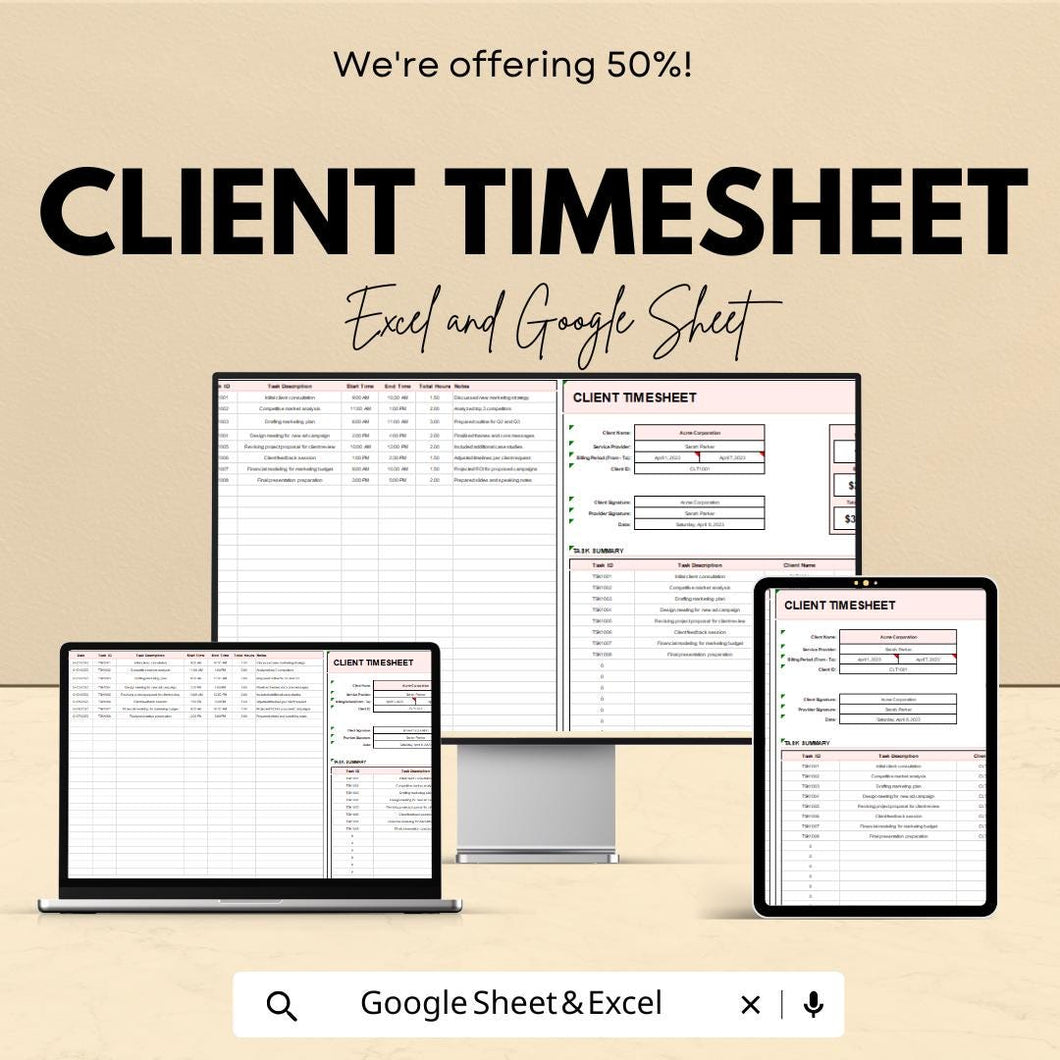 Client Timesheet Template - Excel & Google Sheets for Accurate Work Hour Tracking