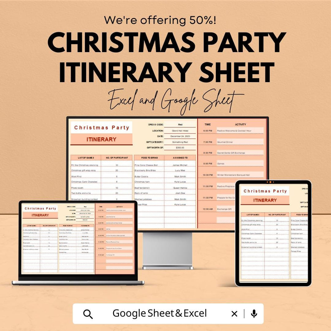 Christmas Party Itinerary Sheet – Plan Your Festive Event | Editable Excel & Google Sheets Template | Customizable Christmas Party Planner