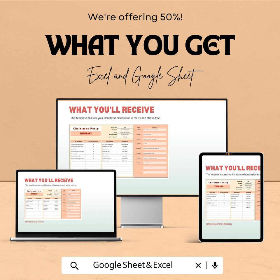 Christmas Party Itinerary Sheet – Plan Your Festive Event | Editable Excel & Google Sheets Template | Customizable Christmas Party Planner