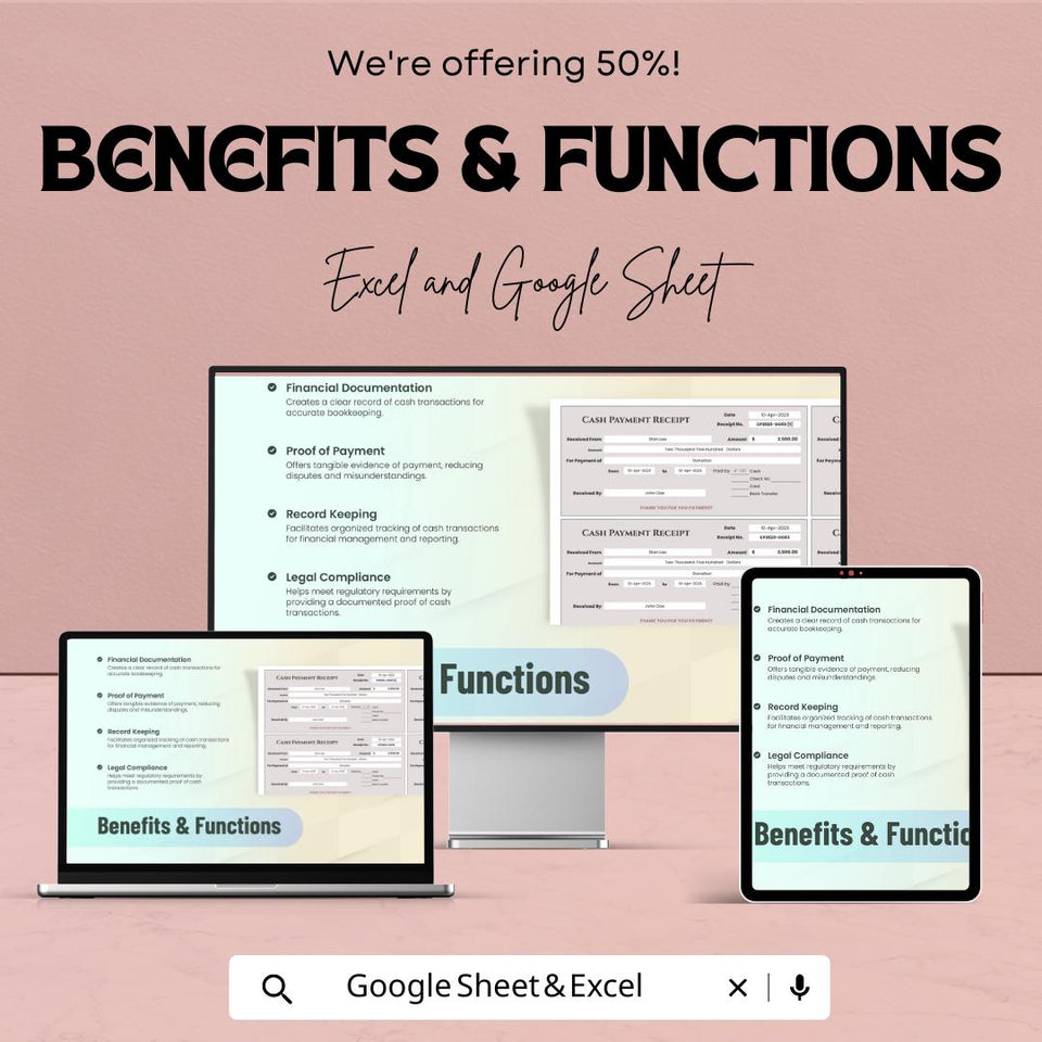 Cash Payment Receipt Template – Excel & Google Sheet – Financial Documentation, Proof of Payment, Transaction Record – Editable Template