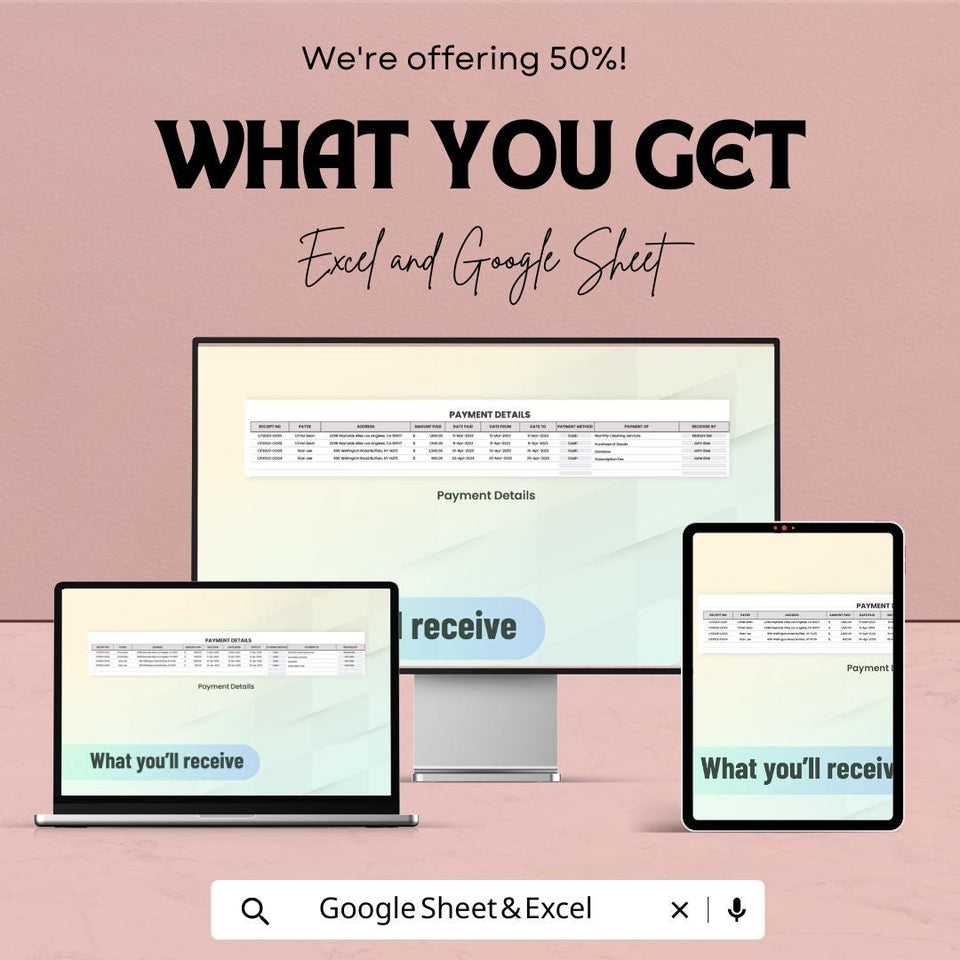 Cash Payment Receipt Template – Excel & Google Sheet – Financial Documentation, Proof of Payment, Transaction Record – Editable Template
