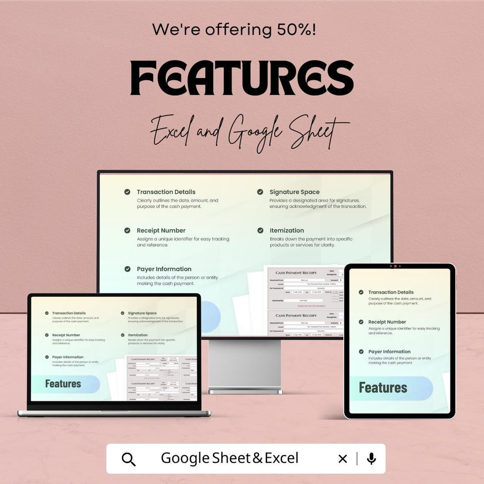 Cash Payment Receipt Template – Excel & Google Sheet – Financial Documentation, Proof of Payment, Transaction Record – Editable Template