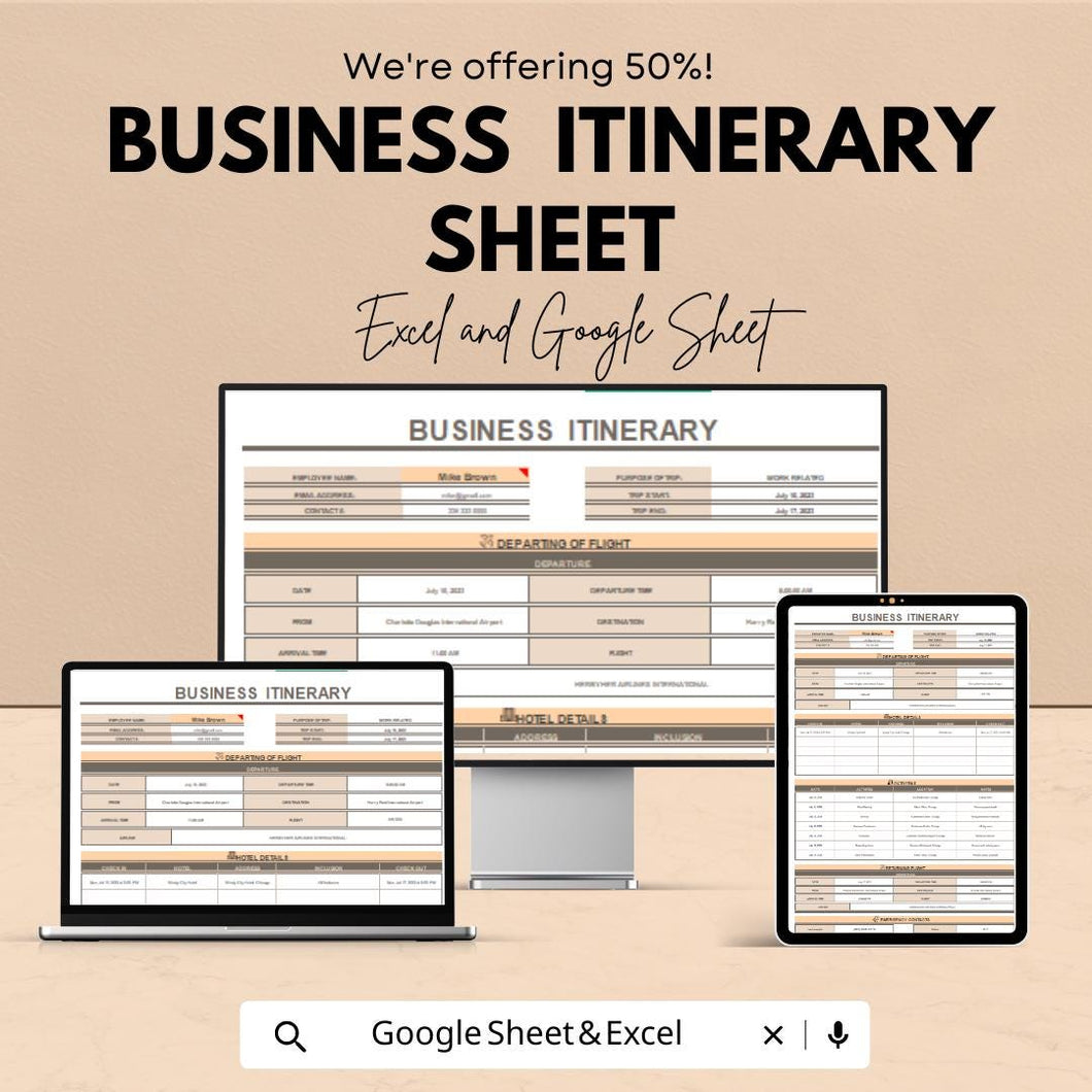 Business Itinerary Sheet | Google Sheets & Excel Template for Business Travel Planning | Professional Trip Schedule Template |