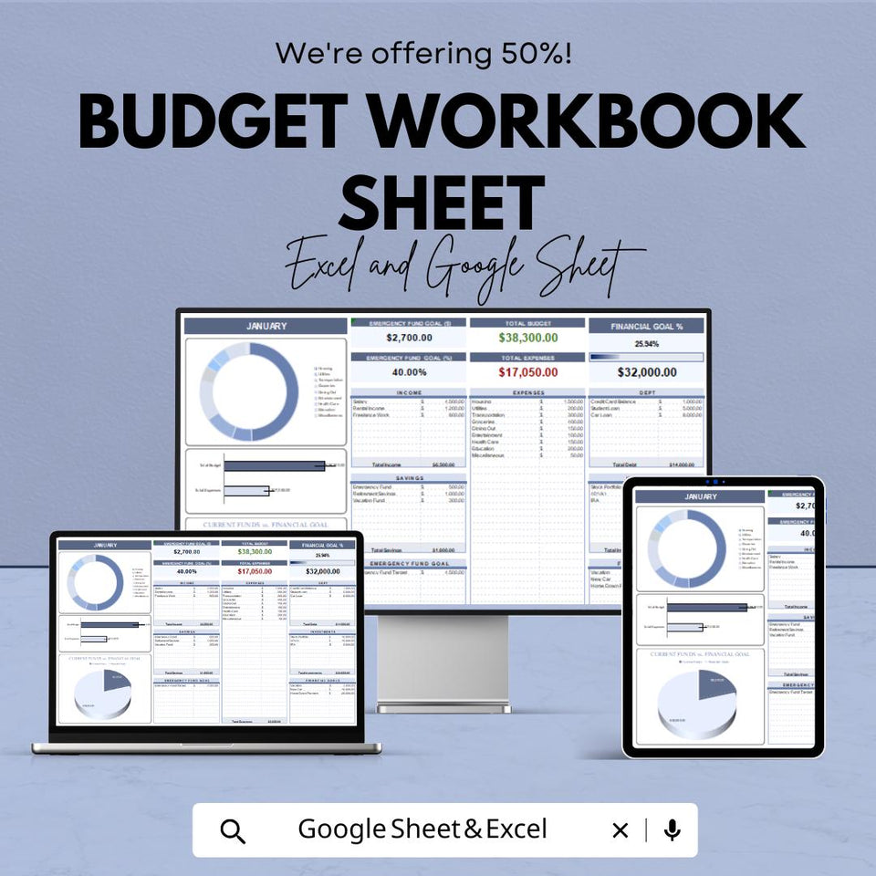 Budget Workbook Sheet - Personal Budget Planner, Expense Tracker, Google Sheet & Excel Template for Financial Planning