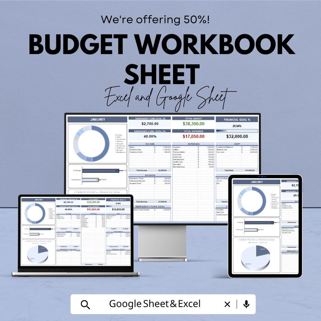 Budget Workbook Sheet - Personal Budget Planner, Expense Tracker, Google Sheet & Excel Template for Financial Planning