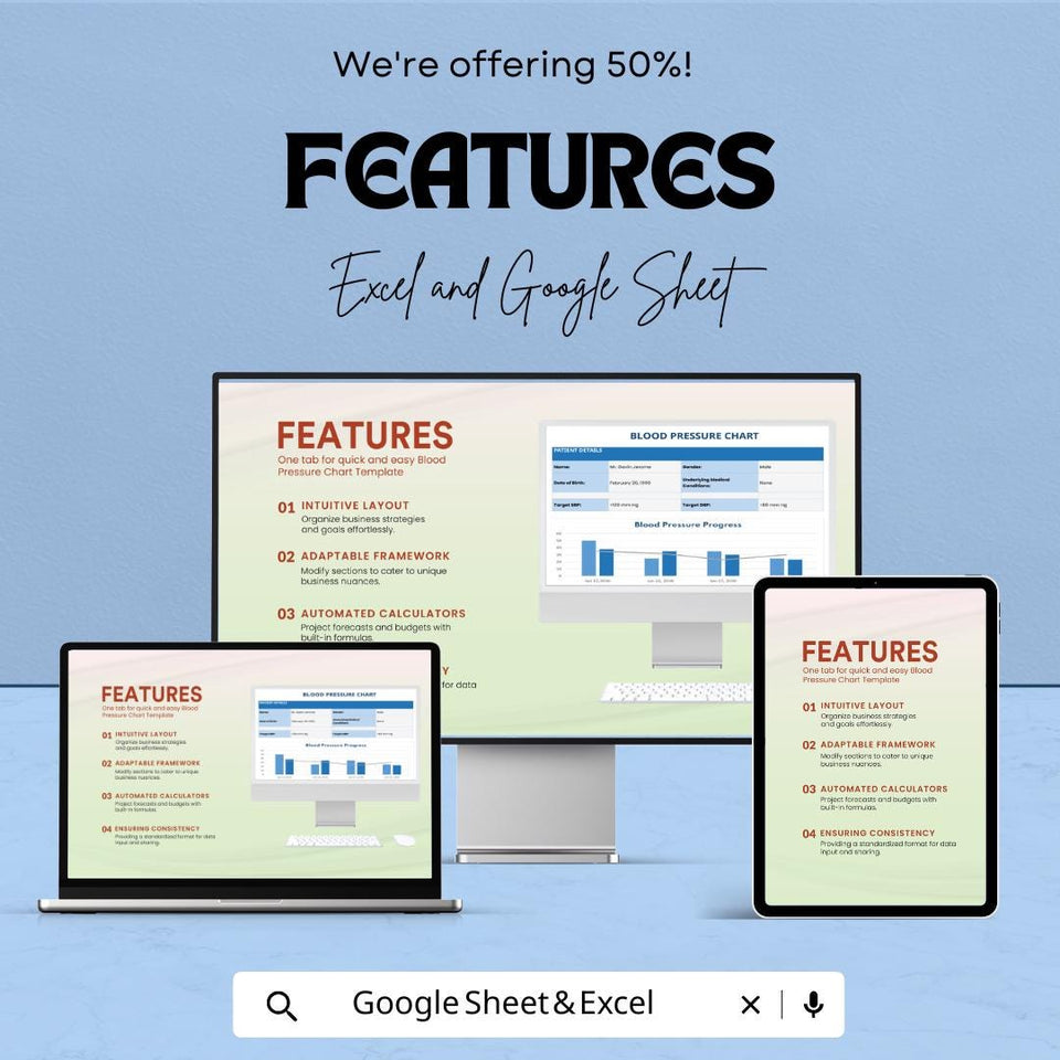 Blood Pressure Chart Sheet - Track BP Progress - Health Monitoring Template - Google Sheets & Excel - Easy to Use for Medical Tracking
