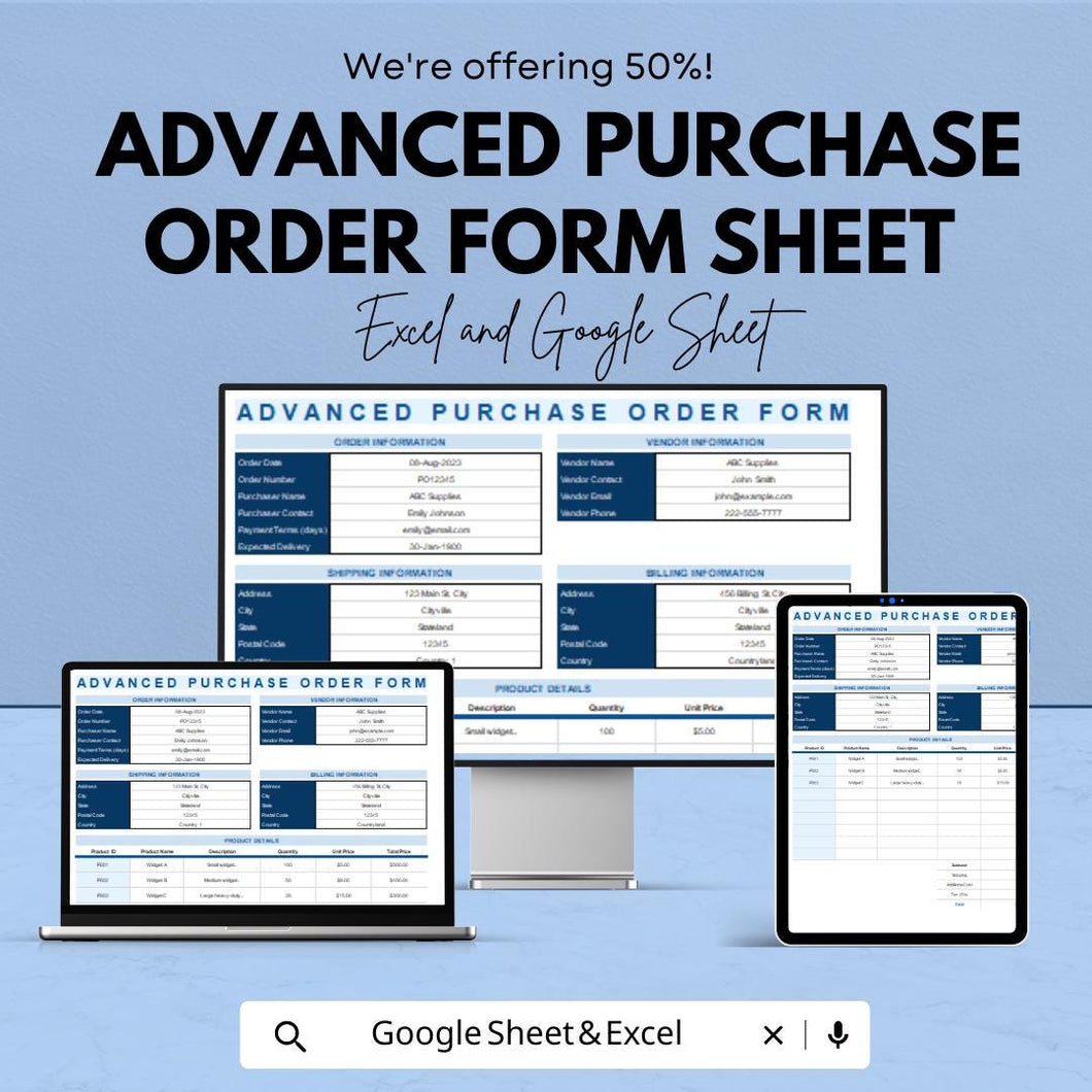 Advanced Purchase Order Form Sheet | Google Sheets Template | Vendor & Product Management | Automated Budget Tracking | Customizable