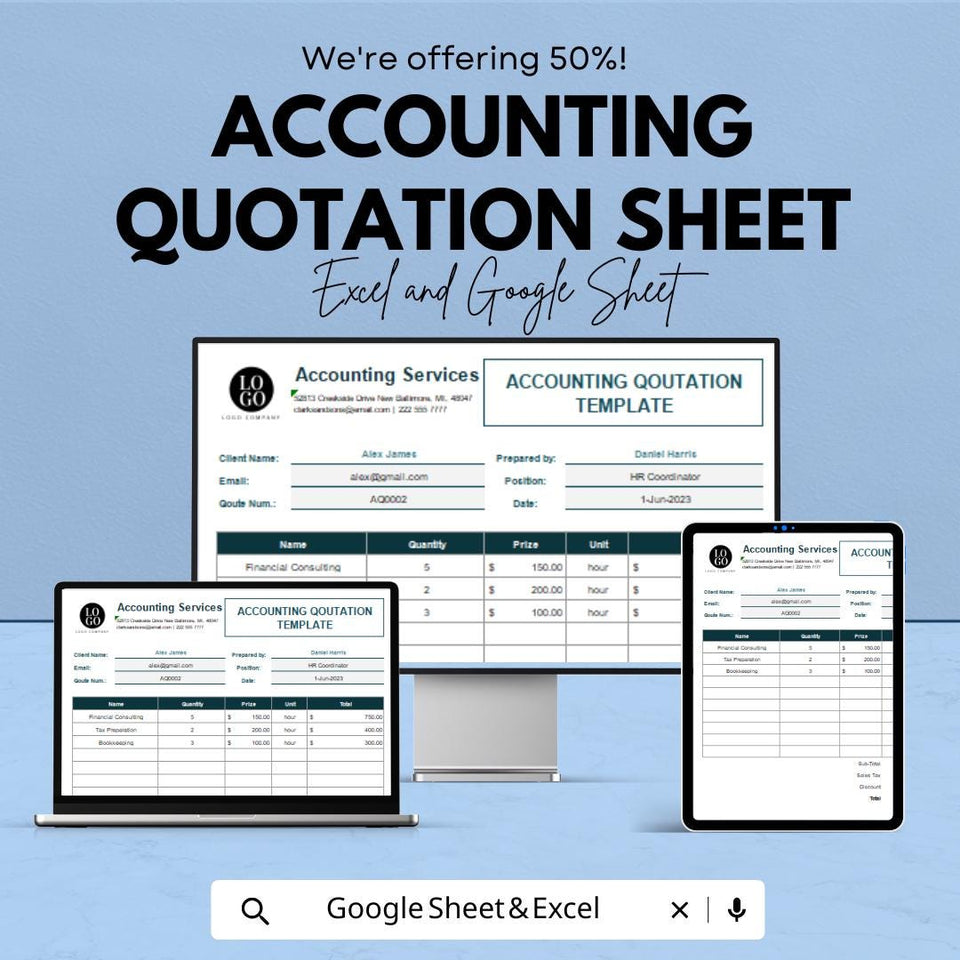 Accounting Quotation Sheet - Professional | Google Sheets Template - Customizable & Easy-to-Use - Invoice Generator for Financial Services