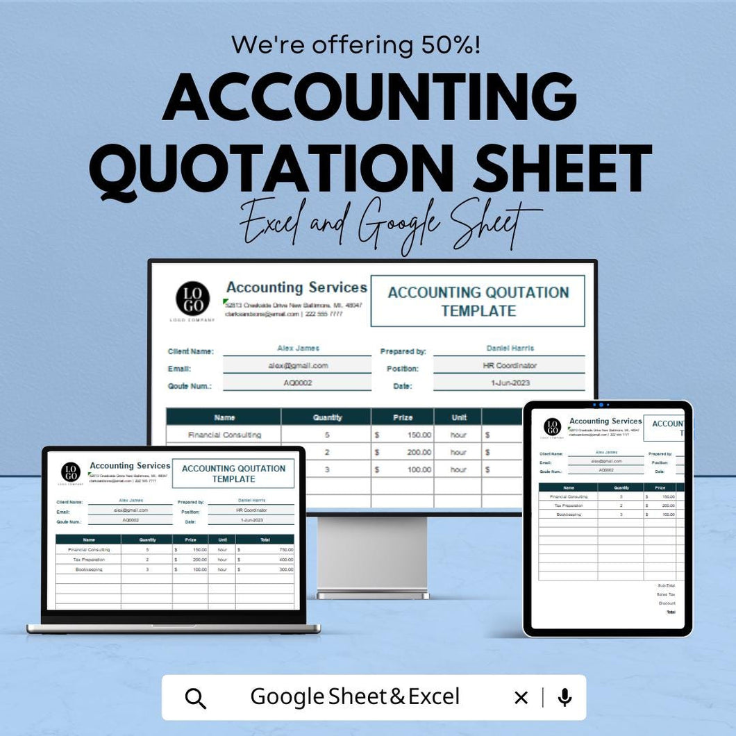 Accounting Quotation Sheet - Professional | Google Sheets Template - Customizable & Easy-to-Use - Invoice Generator for Financial Services