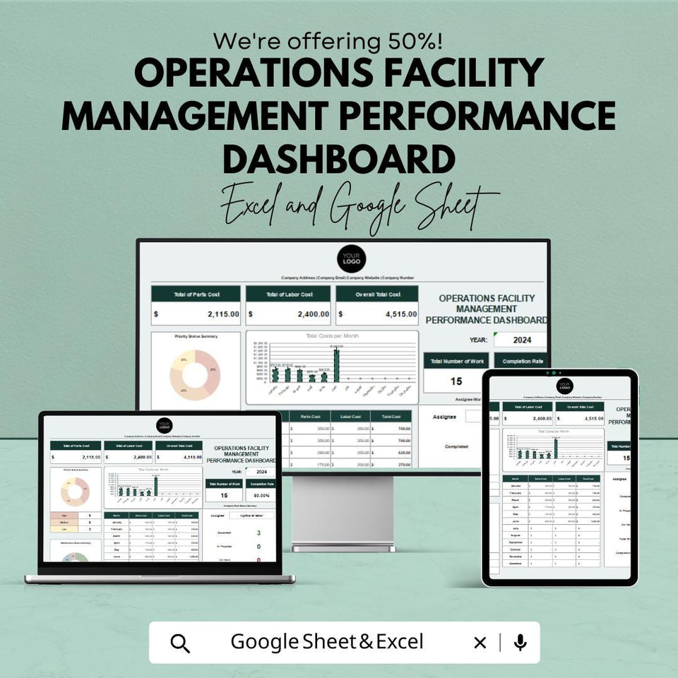 Facility Management Dashboard | Excel and Google Sheets | Performance Tracker | Operations Metrics Template | Work Order & Cost Report