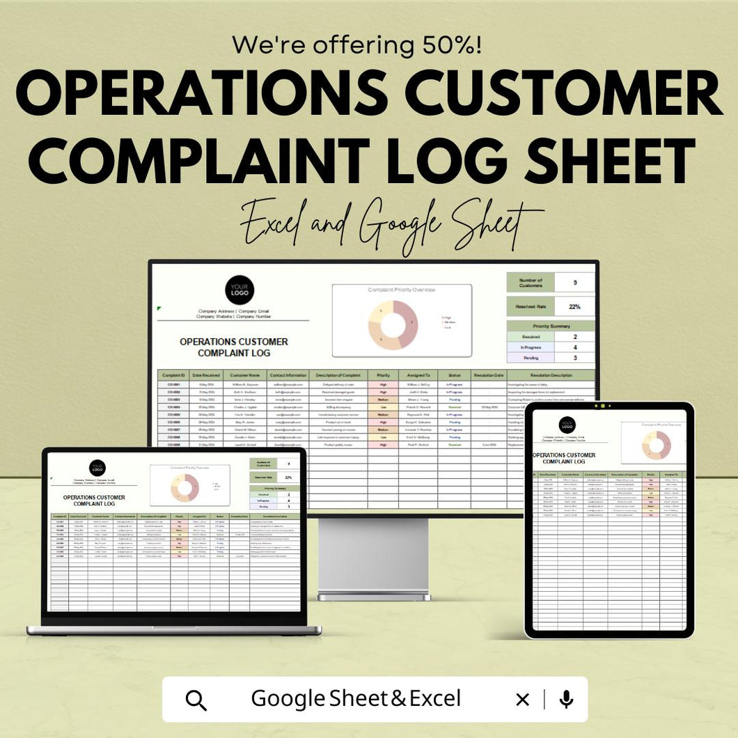 Customer Complaint Log Sheet | Google Sheets & Excel | Operations Tracker | Complaint Management Template | Business Issue Log