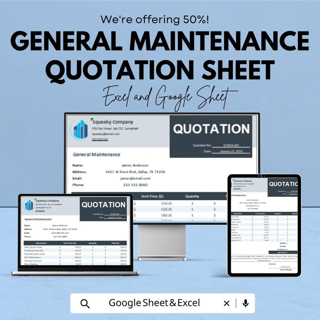 General Maintenance Quotation Sheet | Service Quote Template | Google Sheets & Excel | Editable Pricing Estimate Form