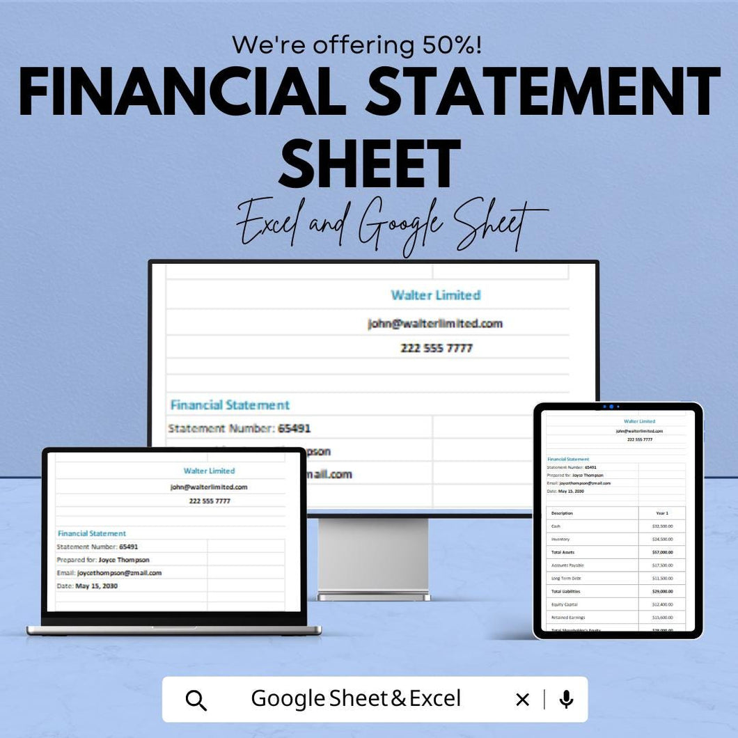 Financial Statement Sheet | Excel & Google Sheet Template | Business Financial Reporting Tool