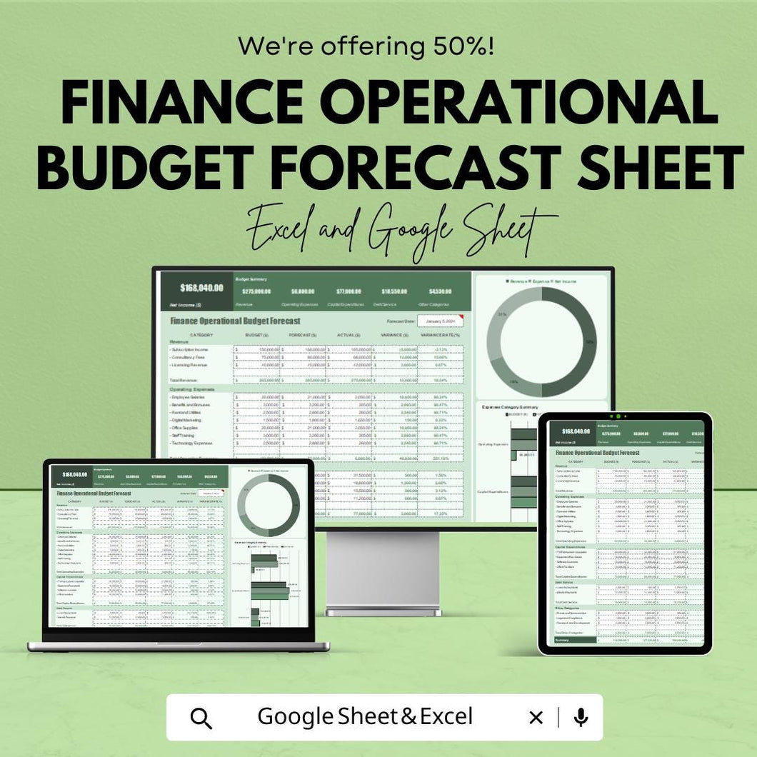 Finance Operational Budget Forecast Sheet | Monthly Expense Forecast Tracker | Excel & Google Sheets Template
