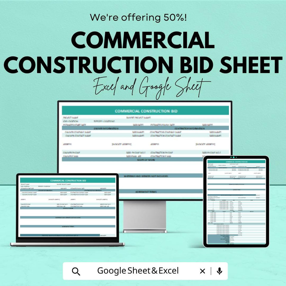 Commercial Construction Bid Sheet Template | Excel & Google Sheet | Detailed Project Cost Breakdown | Construction Estimation