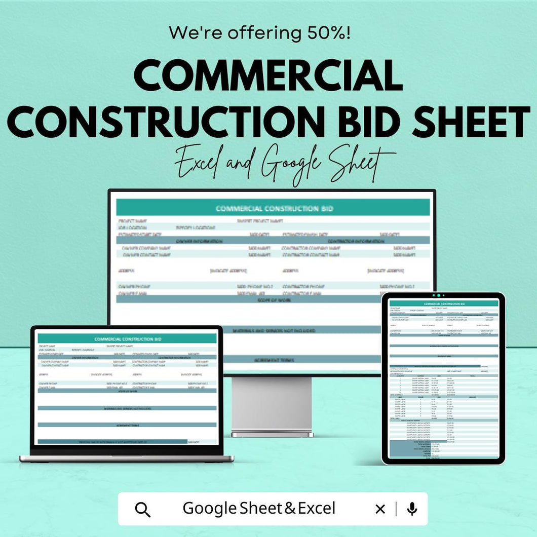 Commercial Construction Bid Sheet Template | Excel & Google Sheet | Detailed Project Cost Breakdown | Construction Estimation