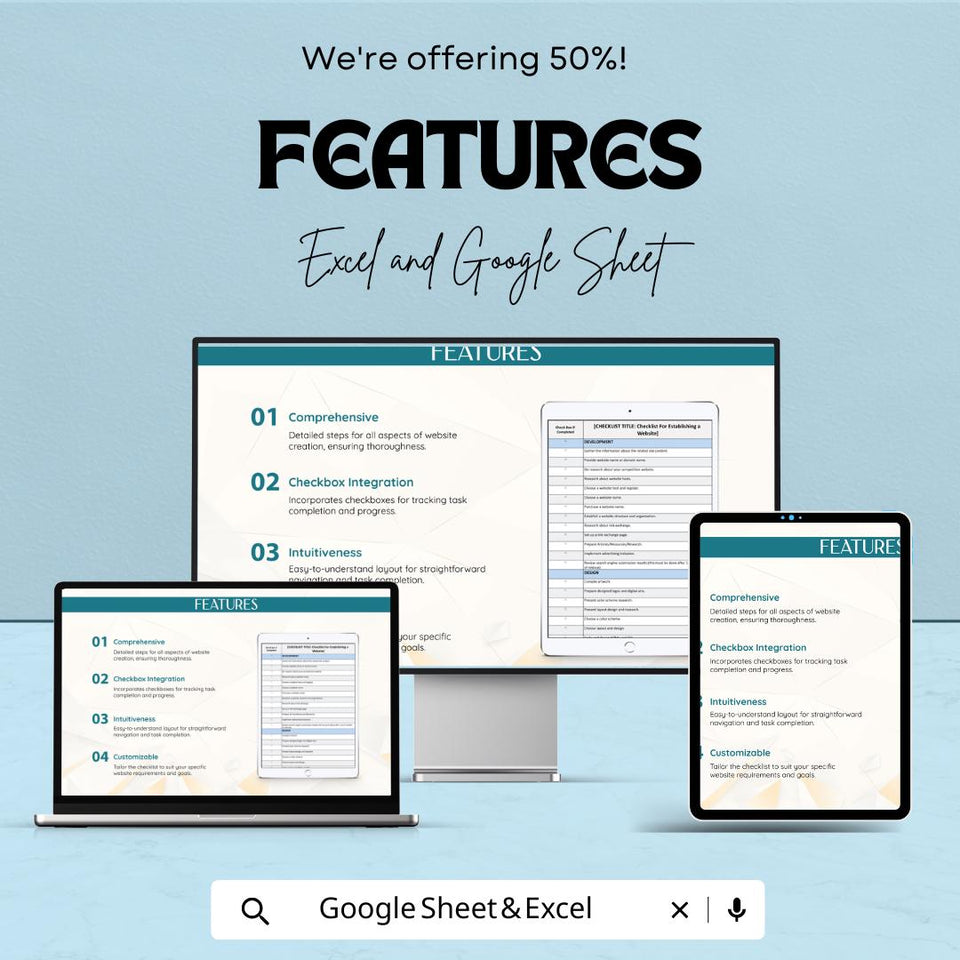 Checklist for Establishing a Website - Easy Website Setup Template for Business - Google Sheet & Excel
