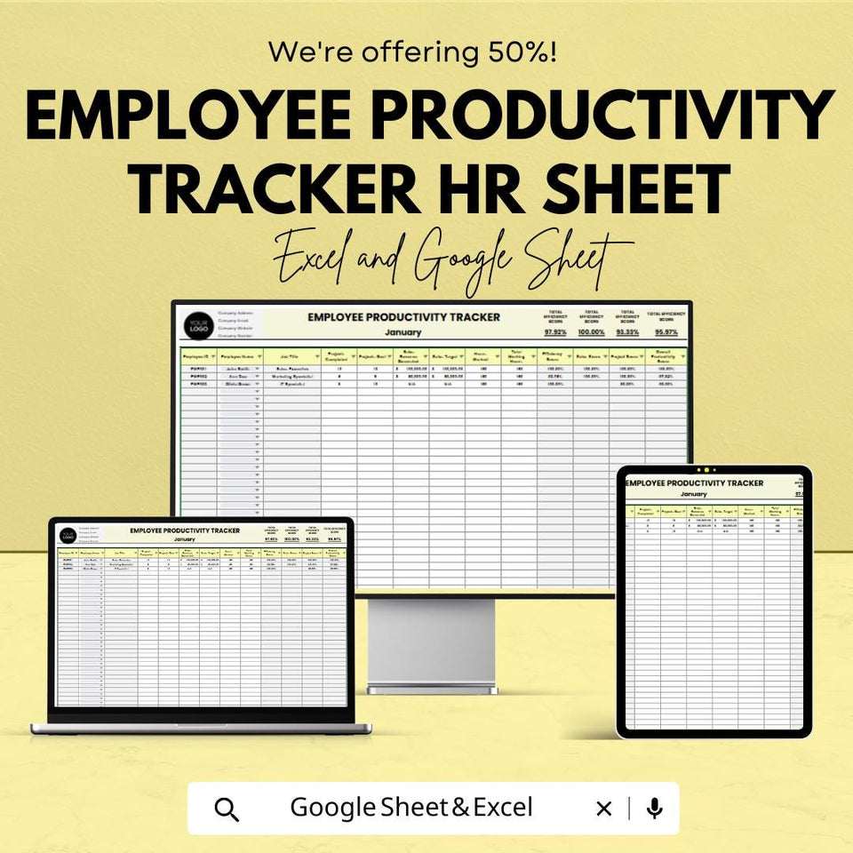 Employee Productivity Tracker HR Template - Excel & Google Sheets, Boost Team Efficiency, Performance Metrics, HR Management Tool