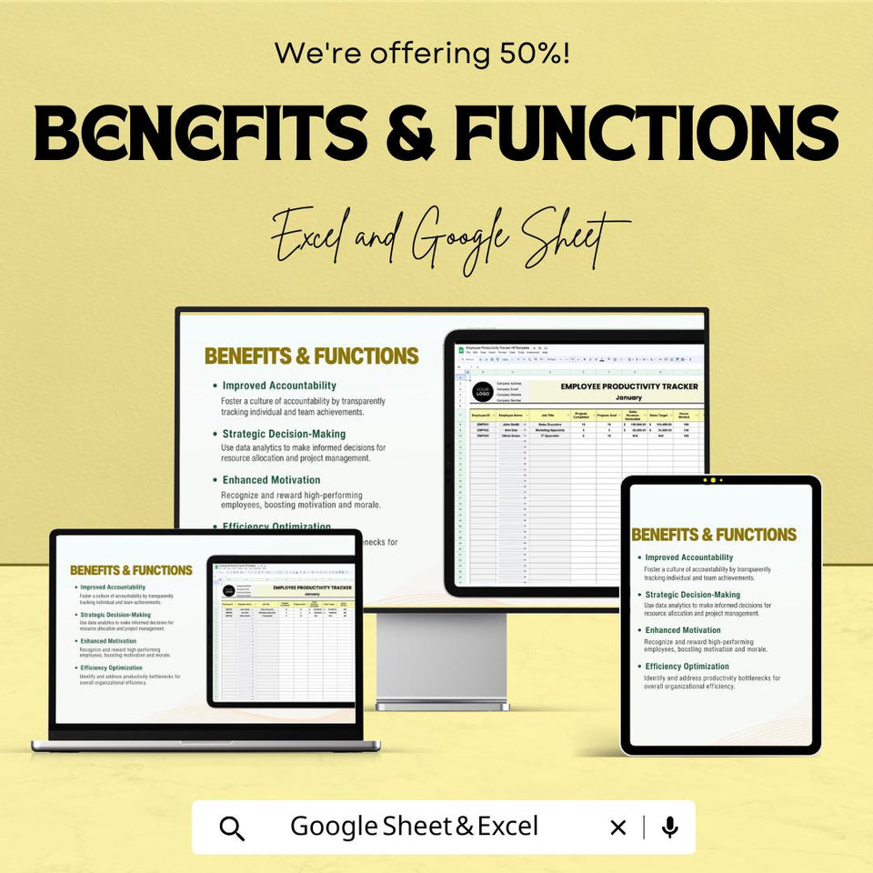 Employee Productivity Tracker HR Template - Excel & Google Sheets, Boost Team Efficiency, Performance Metrics, HR Management Tool