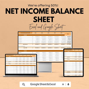 Net Income Balance Sheet | Excel & Google Sheet Template | Revenue, Expense, and Profit Tracker