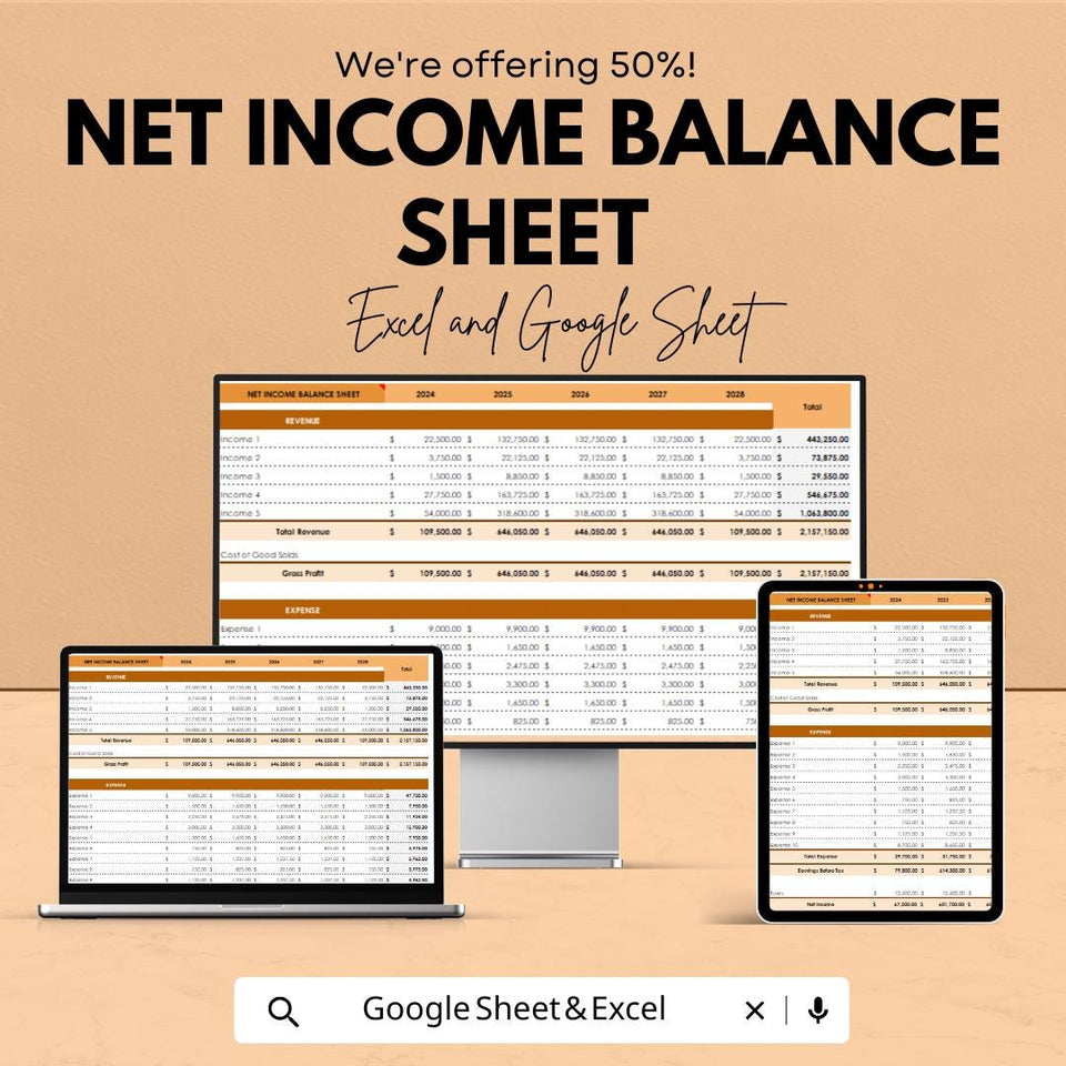 Net Income Balance Sheet | Excel & Google Sheet Template | Revenue, Expense, and Profit Tracker