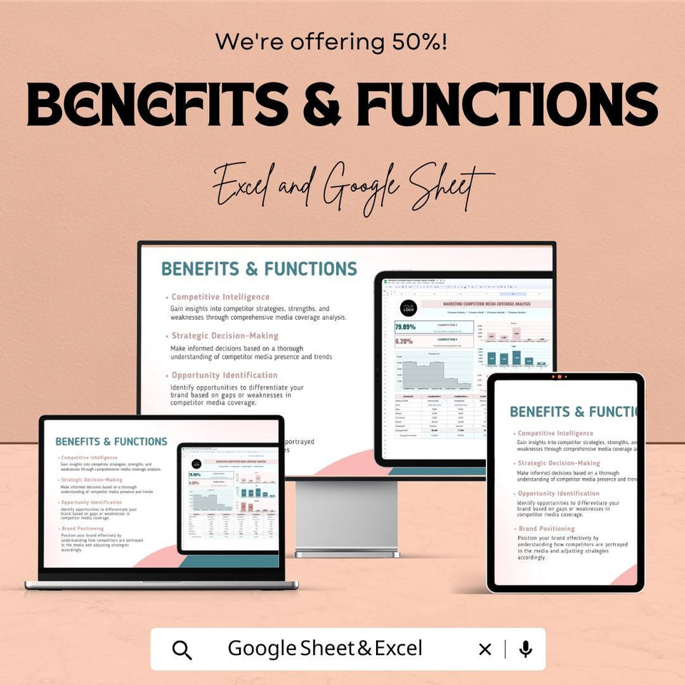 Marketing Competitor Media Coverage Analysis Sheet | Google Sheets  | Media Tracking and Competitor Analysis | ROI and Engagement Metrics