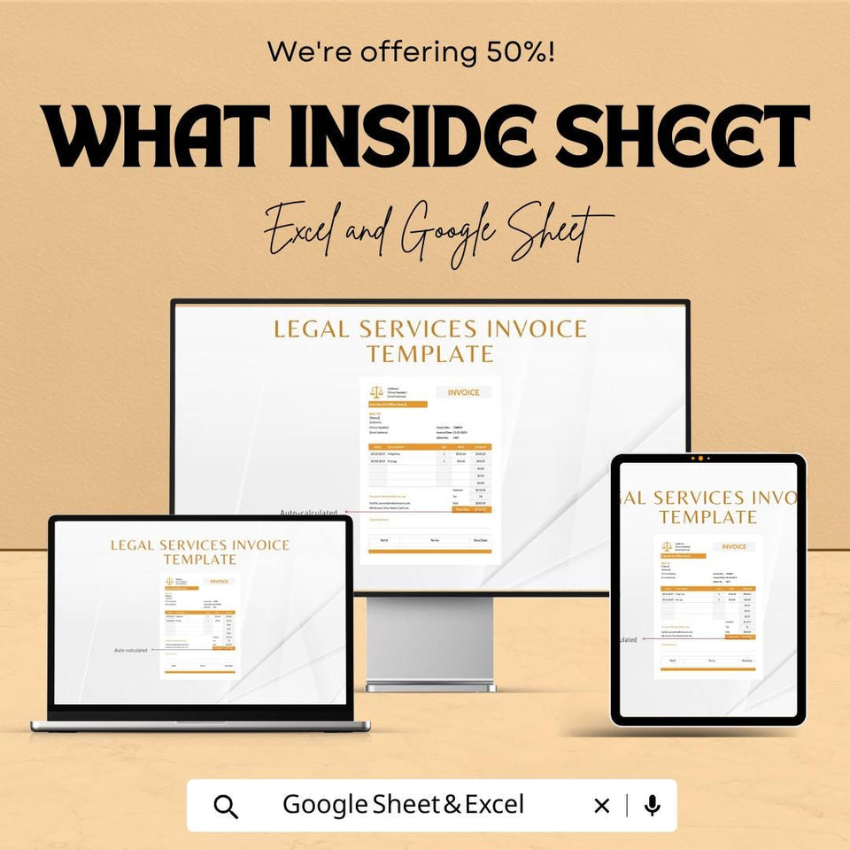 Legal Services Invoice Sheet | Google Sheet Template for Law Firms | Customizable Invoice Template | Legal Billing and Invoice Tracker |