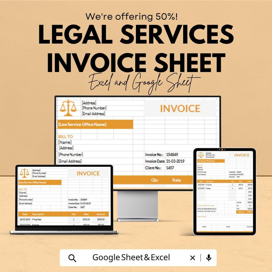 Legal Services Invoice Sheet | Google Sheet Template for Law Firms | Customizable Invoice Template | Legal Billing and Invoice Tracker |