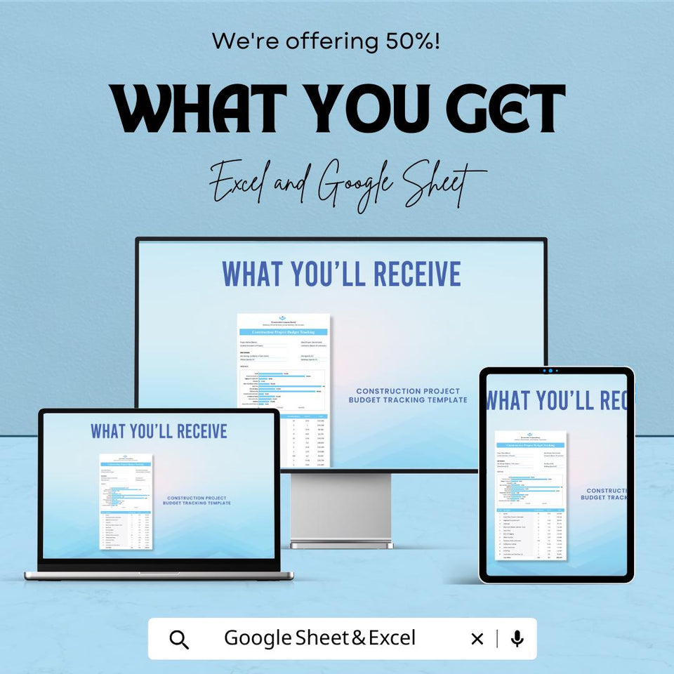 Construction Project Budget Tracking Sheet - Excel & Google Sheets Template for Construction Budget Management - 50% Off