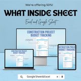 Construction Project Budget Tracking Sheet - Excel & Google Sheets Template for Construction Budget Management - 50% Off