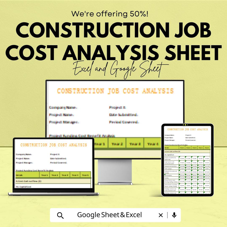 Construction Job Cost Analysis Sheet | Excel & Google Sheet | Track and Manage Project Finances | 50% Off | Instant Download