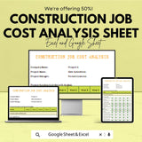 Construction Job Cost Analysis Sheet | Excel & Google Sheet | Track and Manage Project Finances | 50% Off | Instant Download