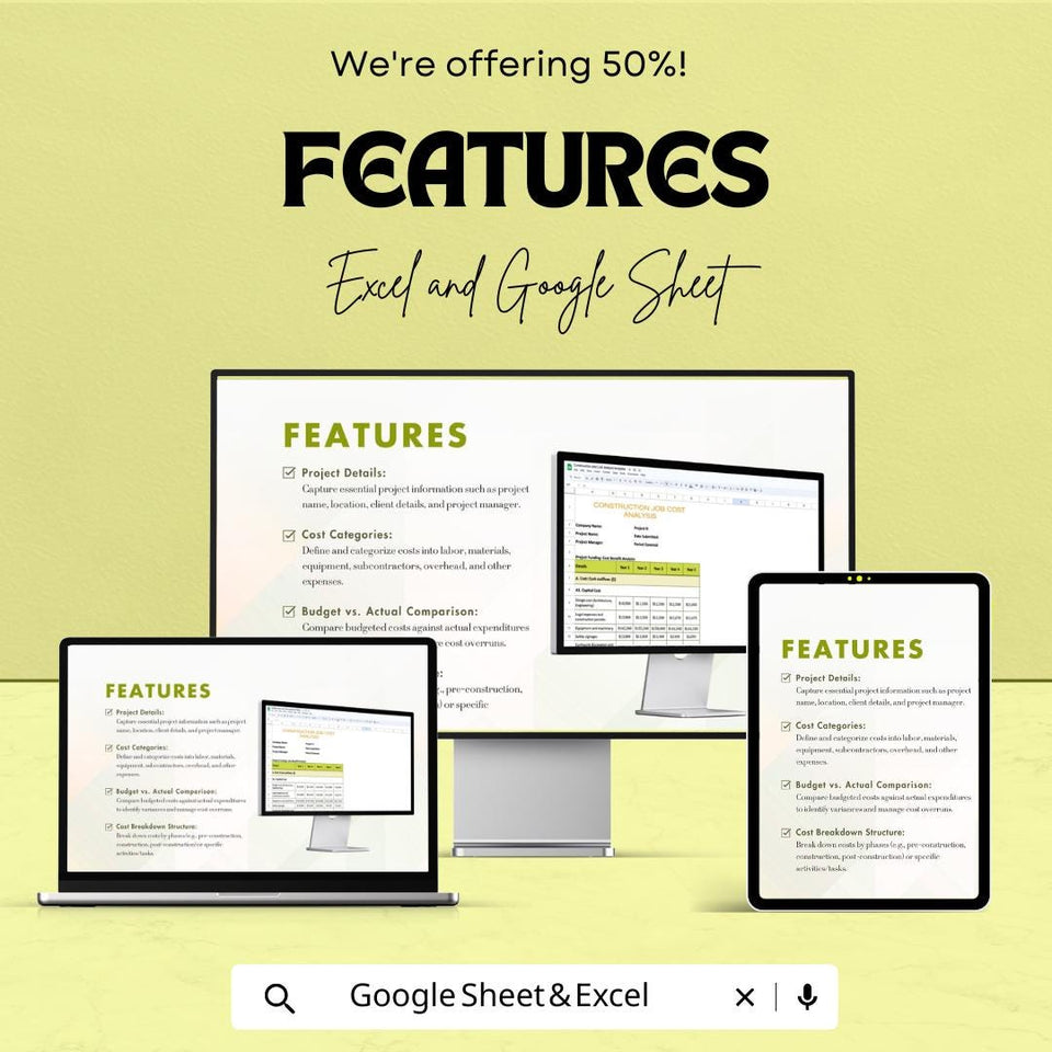 Construction Job Cost Analysis Sheet | Excel & Google Sheet | Track and Manage Project Finances | 50% Off | Instant Download