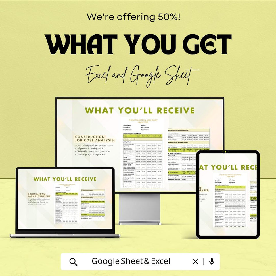 Construction Job Cost Analysis Sheet | Excel & Google Sheet | Track and Manage Project Finances | 50% Off | Instant Download