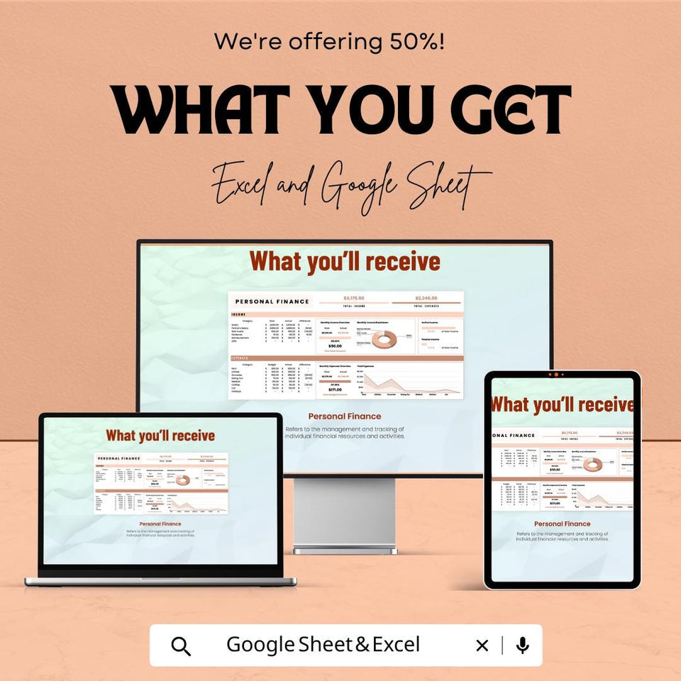 Complete Personal Finance Sheet - Excel and Google Sheets Template for Budgeting, Tracking Income & Expenses - 50% Off